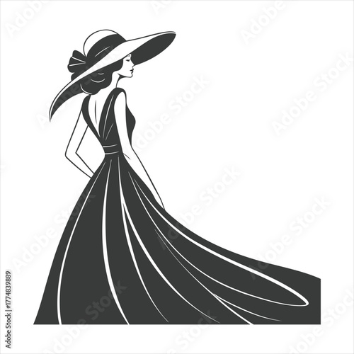 Elegant woman in flowing dress and wide hat, minimalist black and white fashion vector illustration.