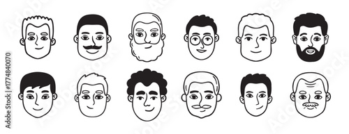 men portraits male doodles set doodle hand drawn icon set. Outline drawing man heads and faces line clipart symbol collection.