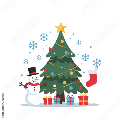 Flat illustration of a snowman and Christmas tree with gifts on a white background.