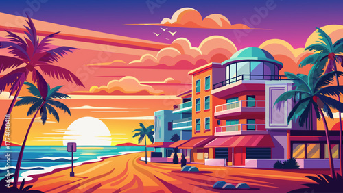 Very beautiful sunset view of South Beach and Ocean Drive along Florida’s East Coast in Miami, USA, with palm trees, Art Deco buildings, and vibrant evening lights.