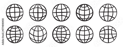 website globe doodle hand drawn icon set. Outline drawing internet line clipart symbol collection