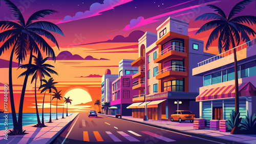 Very beautiful sunset view of South Beach and Ocean Drive along Florida’s East Coast in Miami, USA, with palm trees, Art Deco buildings, and vibrant evening lights.
