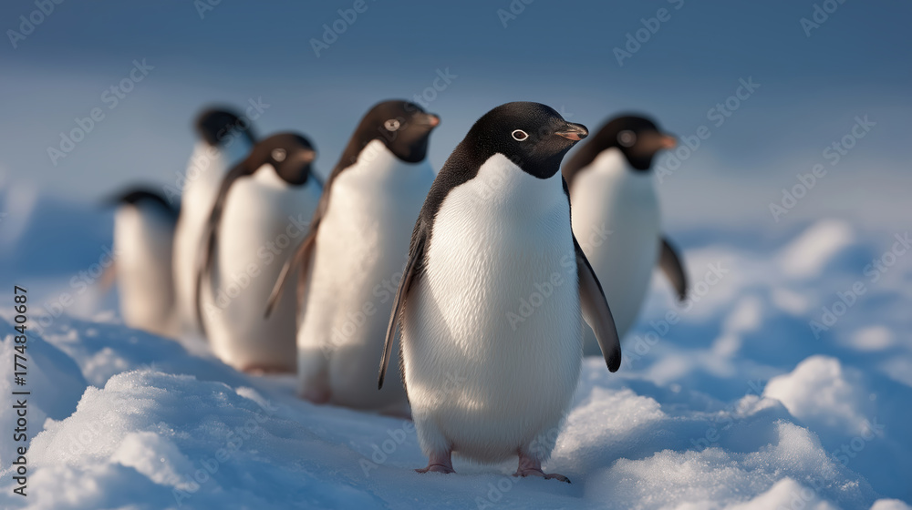 Fototapeta premium Adélie Penguins Walking Together on Snowy Landscape in Antarctica