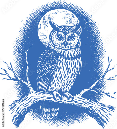 Blue Owl Perched on Branch Under Full Moon in Hatch Pattern Background bird night