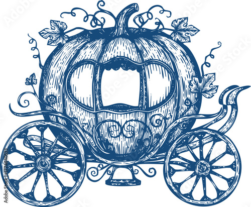 Blue Pumpkin Carriage With Vines And Wheels In Engraving Style Cinderella fairy tale