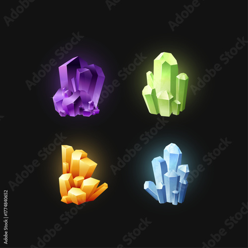 Collection of glowing colorful crystals on black background, magical gemstone icons