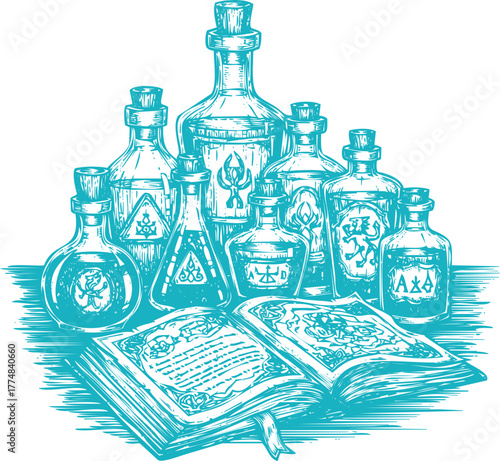 Alchemist's Potions and Spellbook Illustration bottles magic