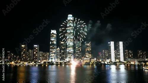 Wallpaper Mural Stunning Nighttime Fireworks Display Over a Modern City Skyline Reflected in Water. Torontodigital.ca