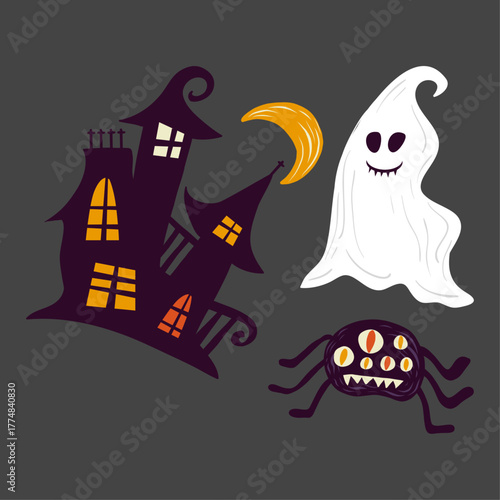 Halloween illustration of a haunted house, a friendly ghost, and a spider with eyes