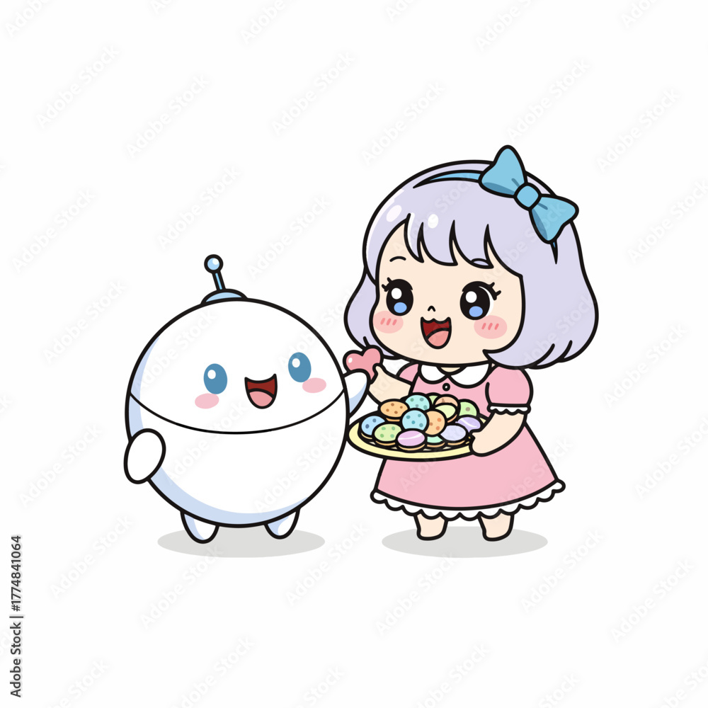 Fototapeta premium Adorable girl shares colorful cookies with her small robot