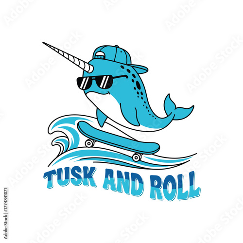 Cartoon narwhal with sunglasses and cap riding skateboard over waves art