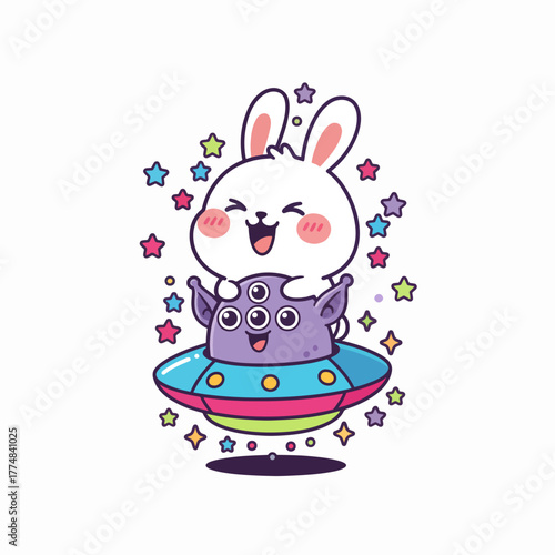 Cute Bunny Riding ThreeEyed Aliens Colorful UFO Spaceship