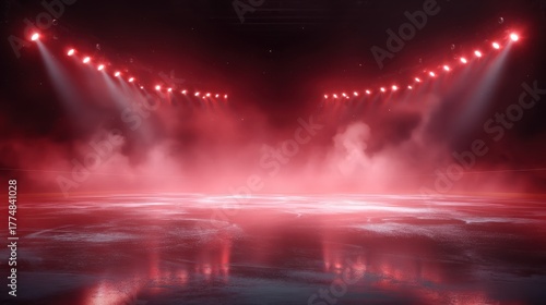 this is a red ice rink background with red neon lights and spotlights with smoke it can be used for hockey competitions and winter posters ice skating stadium stock created from a red background