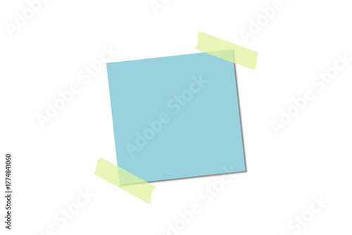 Empty Blue Post-it Note with Yellow Tape on Transparent Background