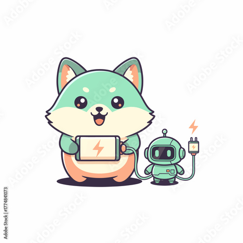 Cute fox charges small robot with powerful battery
