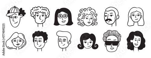 people avatars for social media, website doodle hand drawn icon set. Outline drawing trendy portraits girls and guys line clipart symbol collection. 