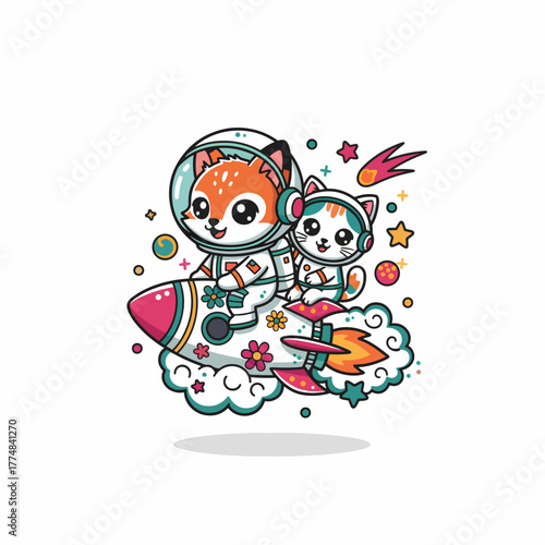 Cute fox and cat astronauts fly space rocket adventure