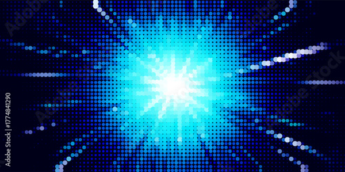 Anime style explosion background with bright comic burst effect - dynamic blue radial rays emanating from central light source. Halftone pattern with glowing streaks for energetic motion blast.
