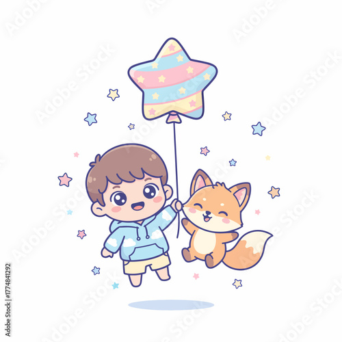Little Boy and Fox Fly Star Balloon Joyfully