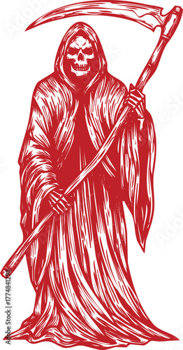 Grim Reaper with Scythe in Red Robes Illustration death skeleton