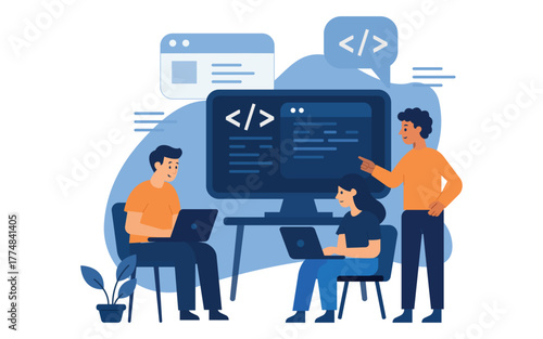 Teamwork fosters innovation as colleagues collaborate on a coding project in a modern workspace, sparking creativity and problem-solving solutions