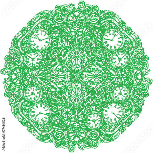 Intricate Green Steampunk Mandala with Clocks and Gears vector illustration