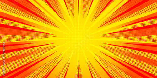 Dynamic anime explosion background with radial comic speed lines and halftone dots - bright burst effect radiating from center for manga panels, action scenes, superhero graphics or retro pop art.