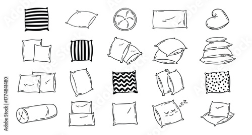 Doodle drawing pillow set. Soft pillow for sleep, outline hand drawn pillows. Rest bedroom decoration. Hand drawn cozy pillows for bed and sofa