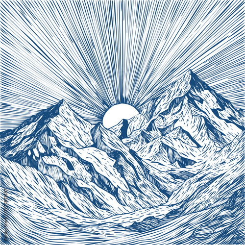 Majestic Mountain Range Under a Radiant Sunburst in Blue Ink Style Keywords: mountain, mountains, range, peaks, summit, nature