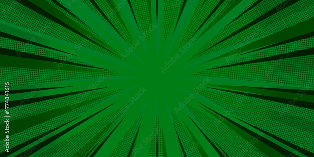 Obraz premium Bright green radial lines comic background with halftone dots