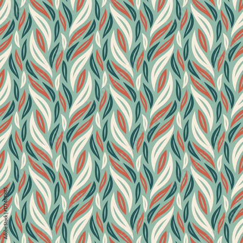 Loose Leaves - Seamless Pattern (Soft Green, Dark Green, Red, Ivory) - Repeating Vector Image; Easily Editable; Endless Design; Colorful lIlustration. Print for Gift Paper, Packaging, etc.