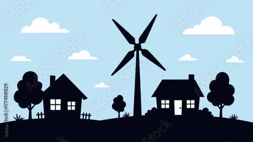 Silhouette of wind turbine between houses and trees on blue background  