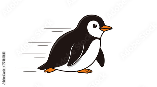 Cartoon penguin sliding on its belly with motion lines  
