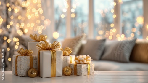 white  gold christmas presents in living room with blurred window and bokeh lights