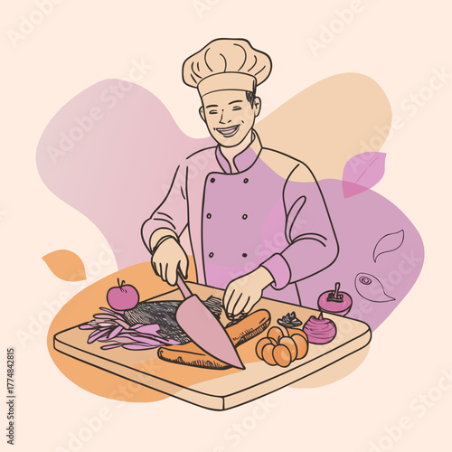 Smiling chef in uniform preparing fresh vegetables on a wooden cutting board with a knife