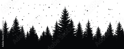 Silhouette of a forest with fir trees and falling snow, creating a serene and wintry scene in nature
