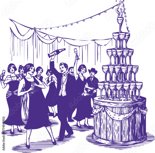 Purple Sketch of 1920s Party with Champagne Tower and Dancing Revelers celebration glasses