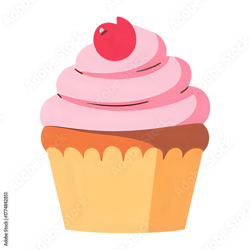 Delightful pink frosted cupcake topped with a vibrant red cherry, a sweet and charming treat perfect for any joyful celebration or special occasion