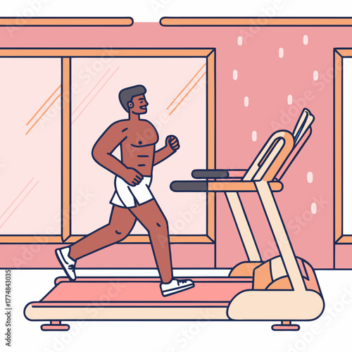 Fit man running on a treadmill in a modern gym with large windows and pink walls