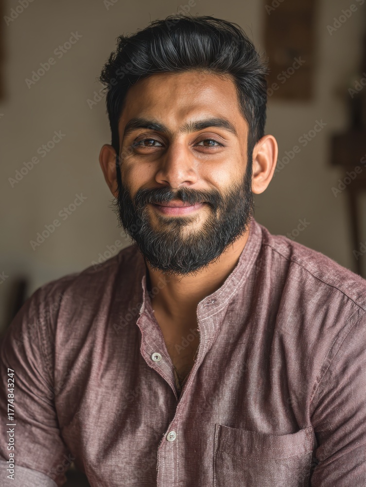 Fototapeta premium portrait of young happy indian business man executive looking at camera eastern male professional teacher smiling ethnic bearded entrepreneur or manager posing in office close up face headshot no log