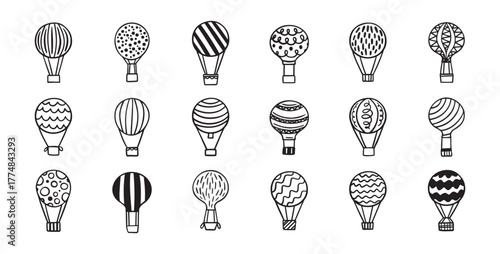 Hot air balloon doodle set. Hand drawn Hot air balloons line vector illustration