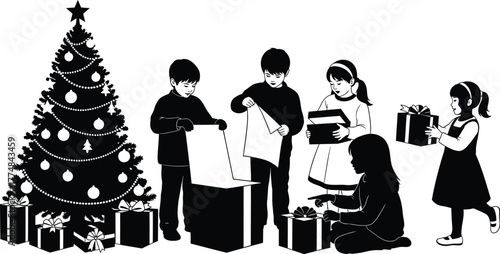 Children opening presents around christmas tree happy kids celebrating winter holidays and new year