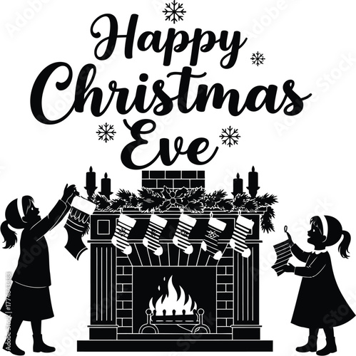 Silhouette of two girls decorating a fireplace with stockings christmas eve, festive holiday season celebration