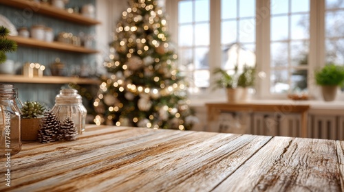 empty wooden table with blurred background of a christmas tree and decorations in a dining room for product display montage 3d rendering cozy natural interior during christmas time christmas tree 