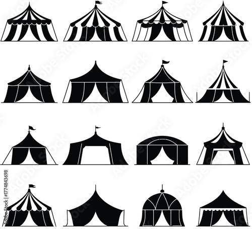 Collection of vintage circus tent illustrations in black and white