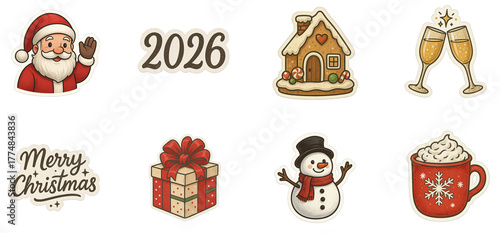 Cozy Christmas & New Year Sticker Pack — Santa, “2026”, gingerbread house, champagne toast, Merry Christmas, gift box, snowman and cocoa mug — hand-drawn die-cut set