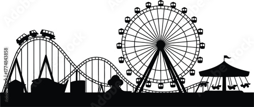 Silhouette of an amusement park with rides and attractions