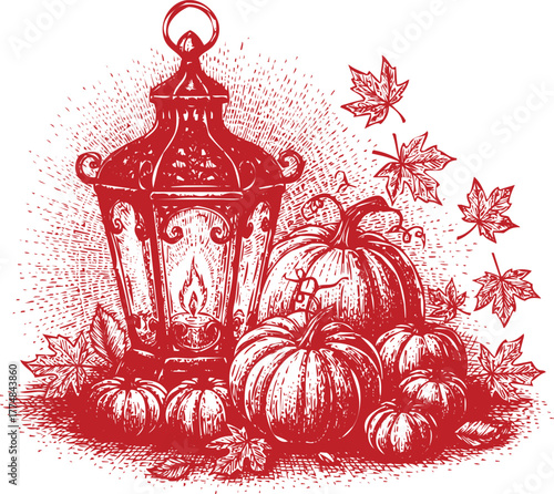 Red Lantern and Pumpkins with Falling Maple Leaves Autumn Harvest Illustration vector