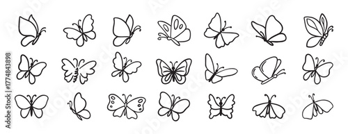 butterfly doodle hand drawn icon set. Outline drawing butterfly line clipart symbol collection