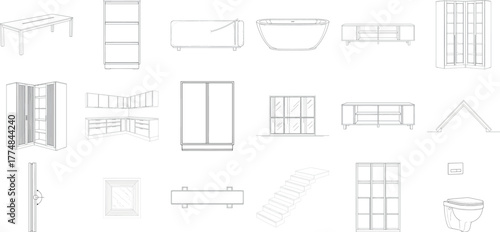 Assortment of technical drawings and blueprints for furniture and interior design elements